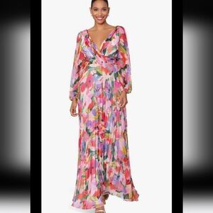 #89 BETSY & ADAM Women's Floral Printed Pleated Split Sleeve Maxi Dress Sz 10